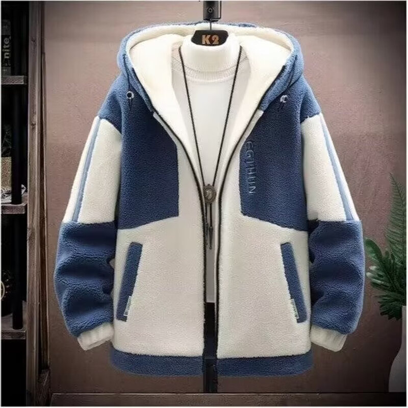 Cotton-padded men's fleece lamb wool coat autumn and winter teenage students thickened hooded cotton coat handsome winter cotton-padded jacket blue 3XL