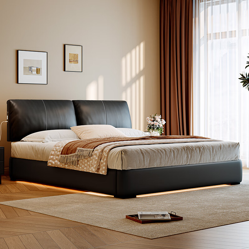Dongxiong ultra-thin bedside side-opening storage three-drawer bed small apartment space-saving box with flush elephant ear leather bed first layer cowhide bed/full solid wood beech wood rib frame 1500mm*2000mm box side-opening three drawers