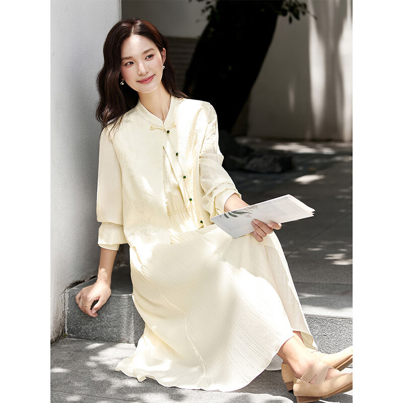 Fanximan Elegant Chinese Suit Women's Autumn New Jacquard Vest Round Neck Dress Suit Elegant Apricot L