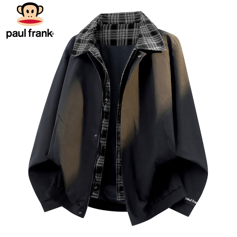 Paul Frank Jacket Men's Spring and Autumn Lapel Plaid Jacket Men's Casual Loose Fake Two-piece Top Black XL