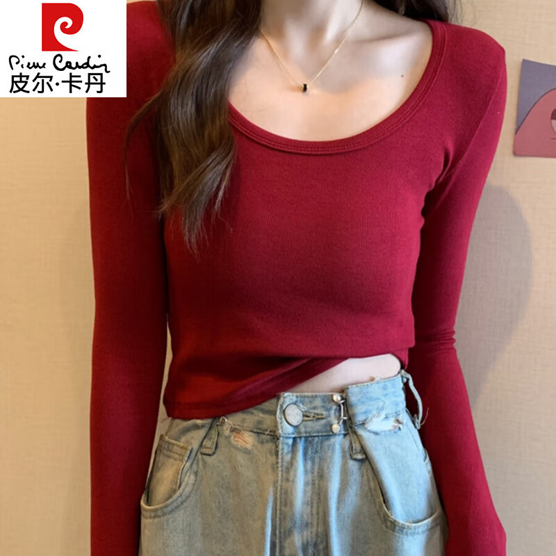 Pierre Cardin red knitted bottoming shirt for women autumn large neckline long-sleeved cotton top sexy u-neck right shoulder ribbed cotton inner t-shirt red S