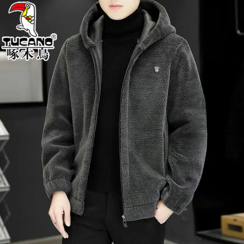 Woodpecker lambswool jacket men's jacket autumn and winter 2025 new thickened warm casual jacket clothes men's jacket stand-up collar gray brand special clearance clearance L - recommended 110-130 pounds