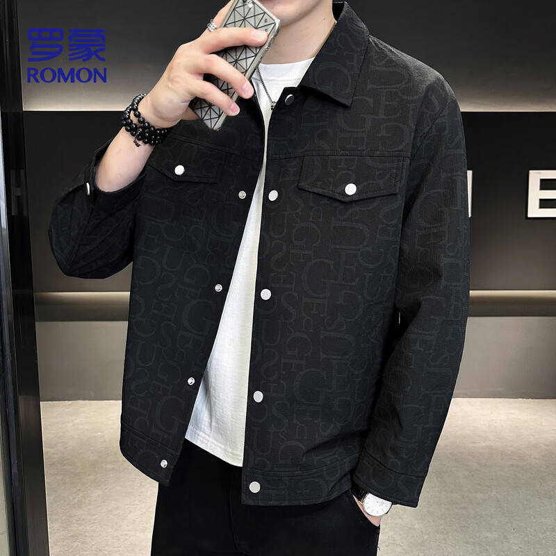 ROMON jacket men's autumn and winter cotton new casual trendy cotton lapel jacket men's ZHL21 black XL
