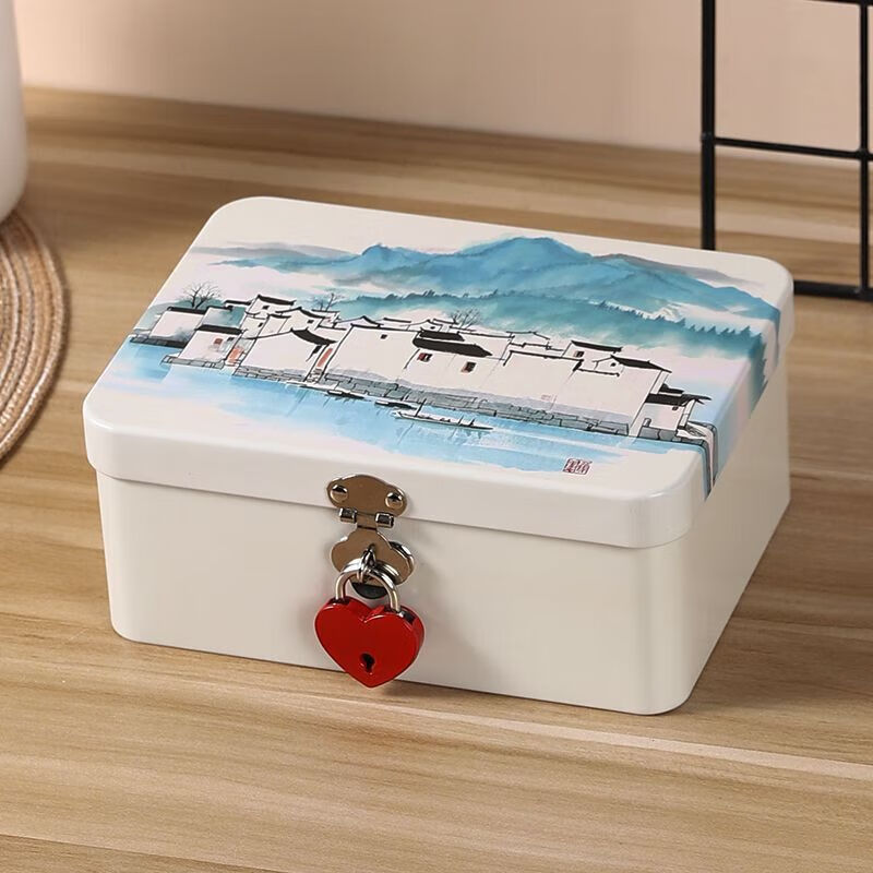 Meikejie lockable small box anti-theft safe small student version adult piggy bank large capacity mobile phone desktop storage box silver iron box-medium lock