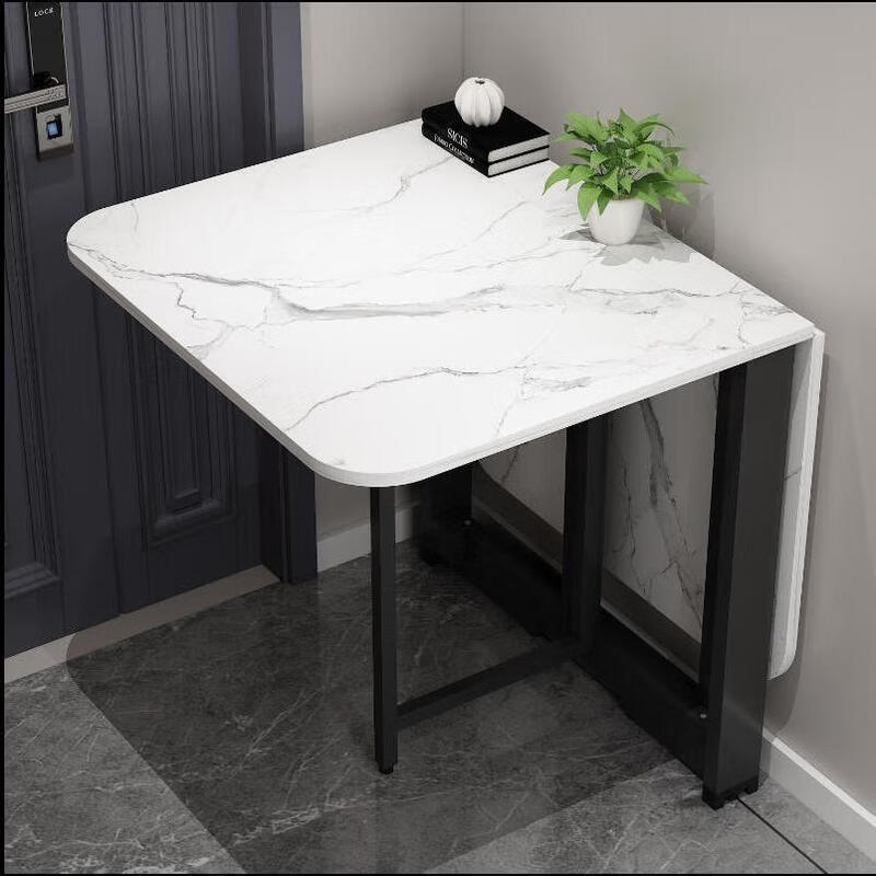 Folding dining table for small households, removable table, foldable wall table, marble pattern storage dining table, white marble pattern + black frame 120x80x75