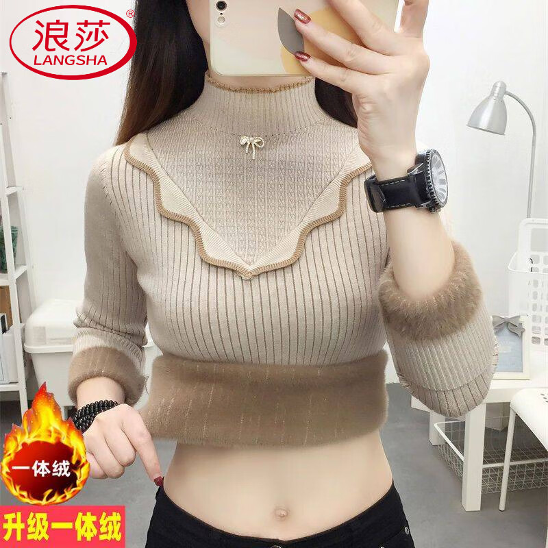 LangSha thickened one-piece velvet sweater for women in autumn and winter, new style velvet bottoming shirt, stylish inner half turtleneck warm sweater, white, thickened one-piece velvet S, recommended 80-95 pounds