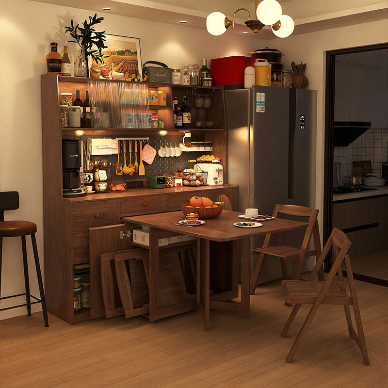 Xingying Furniture sideboard dining table integrated folding retractable mid-century style small apartment cabinet home table all solid wood walnut color 1.6m dining table cabinet