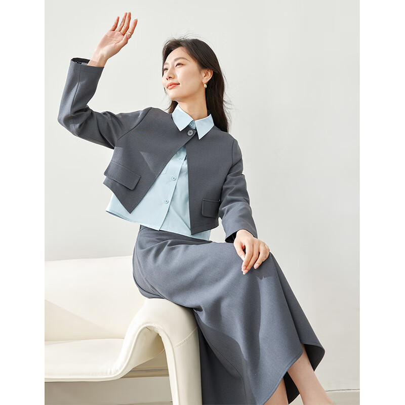 Fanximan complete set of gray blue suit suit for women autumn new high-end three-piece suit gray blue M