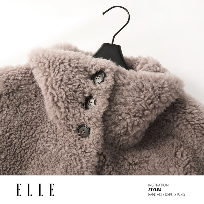 ELLE 100% Sheep Wool French Design Stand Collar Plush Jacket Women's 2025 Winter New New Year Top Brown M