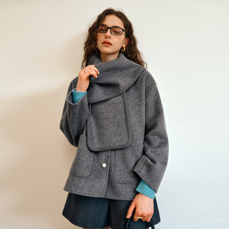 Olrain Commuting Luxury Warm Double-sided Woolen Jacket Winter Women's Woolen Coat with Scarf Top Gray L