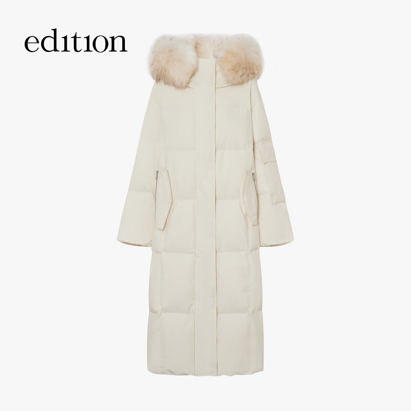 Edition down jacket women's raccoon fur collar hooded long windproof light warm goose down jacket beige color S size is a bit large, it is recommended to order one size smaller