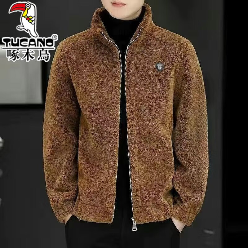 Woodpecker lambswool jacket men's jacket autumn and winter 2025 new thickened warm casual jacket clothes men's jacket stand-up collar gray brand special clearance clearance L - recommended 110-130 pounds