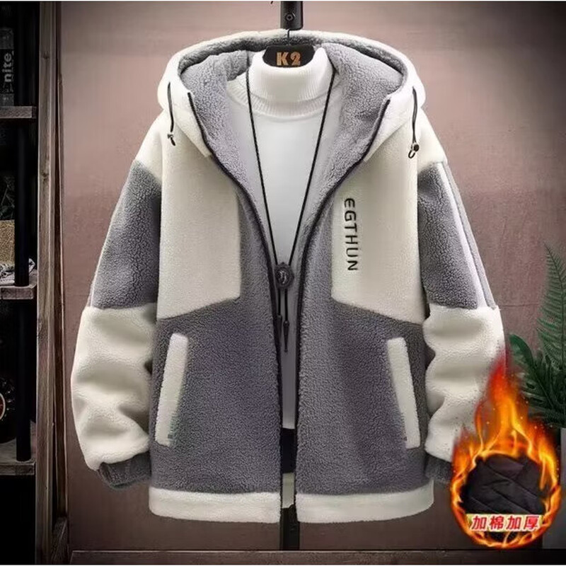 Cotton-padded men's fleece lamb wool coat autumn and winter teenage students thickened hooded cotton coat handsome winter cotton-padded jacket blue 3XL