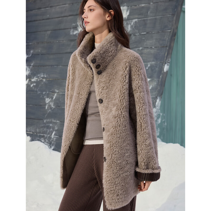 ELLE 100% Sheep Wool French Design Stand Collar Plush Jacket Women's 2025 Winter New New Year Top Brown M