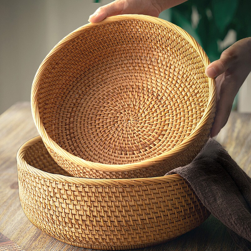 Zhenxiqi Fruit Basket Rattan Basket Fruit Plate Round Living Room Dry Fruit Plate Snack Plate Steamed Bun Basket Hand-woven Tray Medium Size