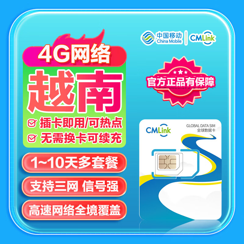 Vietnam traffic card China Mobile CMLink high-speed network universal travel SIM card 5 days 1GB/day - high speed + unlimited