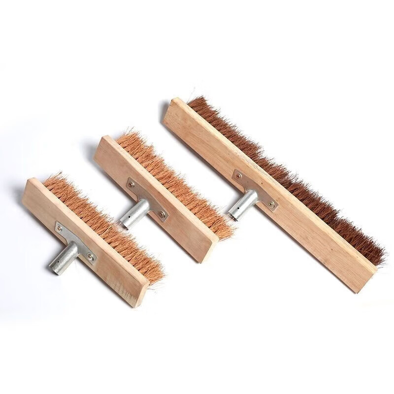 Bristle floor brush, long handle, brown bristle floor brush, soft bristles, non-shedding, home kitchen, truck, canteen, swimming pool, bathroom, toilet floor cleaning brush, a complete set of wooden pole + iron + brush head, small size 20 cm pure rice dumpling silk cleaning brush