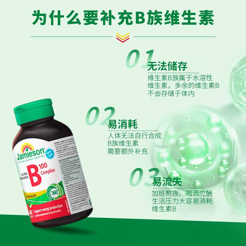 Jamieson Vitamin B Complex B100 60 capsules/bottle High content slow-release to enhance energy, promote metabolism, burn fat and lose weight