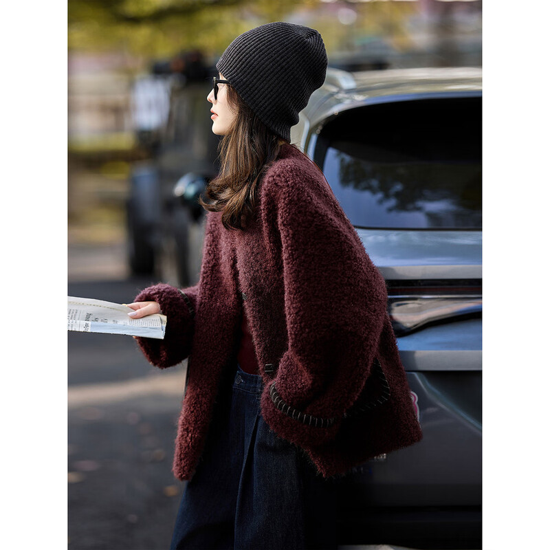 Awakening Paradise Winter Fashion Loose Lazy Style Stitched Imitation Lamb Fur Jacket for Women Burgundy Thick M