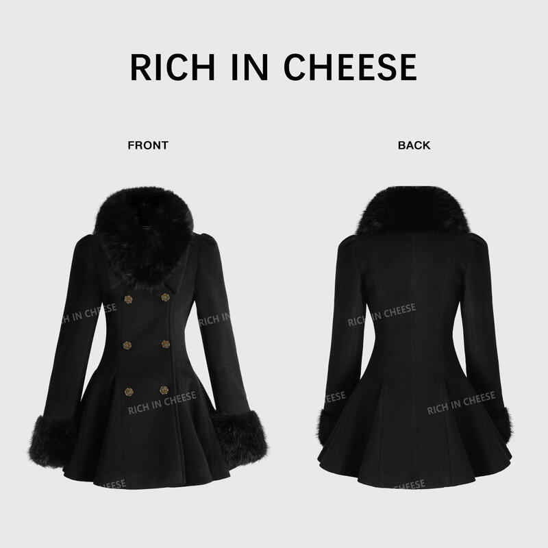 RICH IN CHEESE Shu Hulei, a well-known daughter, fur collar double-breasted quilted woolen coat for women, winter waist slimming fashionable coat, black (fur collar and cuffs are detachable) S (within 100 pounds)