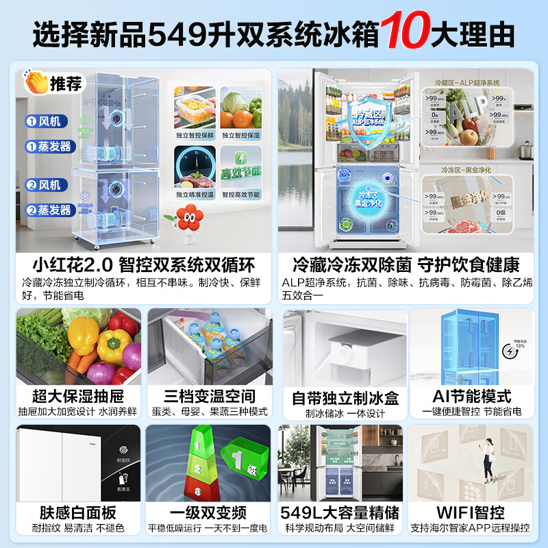 Haier's new product debut 549-liter dual-system ice-making refrigerator with four-door cross-section, first-class energy efficiency, energy-saving, air-cooled, frost-free household ALP ultra-clean system, large capacity subsidy of 20%, 549-liter dual system + ALP ultra-clean five-effect in-one + with ice making