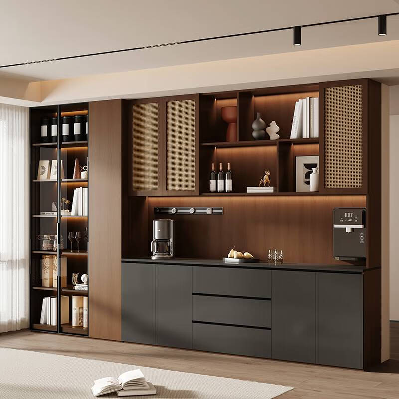 Pupan medieval sideboard against the wall integrated wine cabinet Chinese tea high cabinet multi-functional storage cabinet length 360*width 40*height 240 retro walnut+iron knife gray