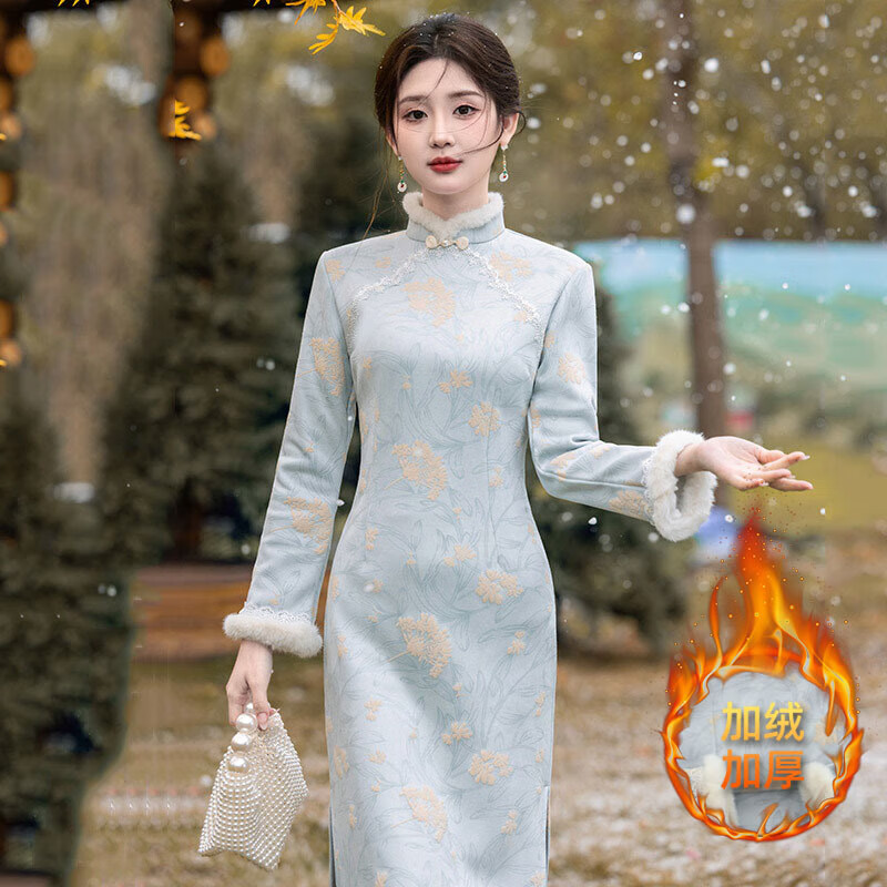 Blue Elegant Lady Style Plush Collar Cheongsam Winter Style Waist-Reducing Age-Reducing Warm Plus Velvet New Chinese Style Dress Blue XL (115-125 Jin)