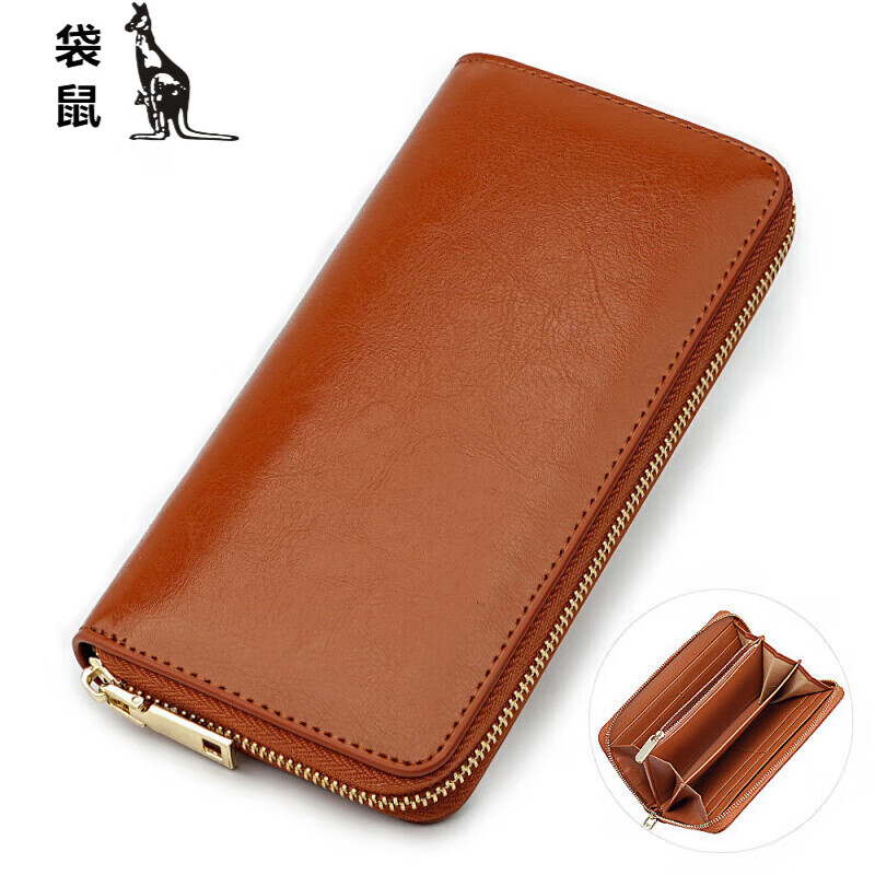Kangaroo (KANGAROO) Japanese fashion casual lightweight new style leather long wallet for men and women oil waxed cowhide clutch bag long money cloth yellow inside yellow 20*10*2.5CM
