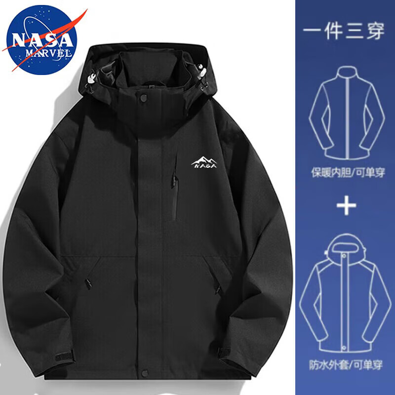 NASA MARVEL Jacket Men's Jacket Autumn and Winter Hooded Jacket Top Mountaineering Wear Waterproof Couple Model Three-in-One Ivory White L
