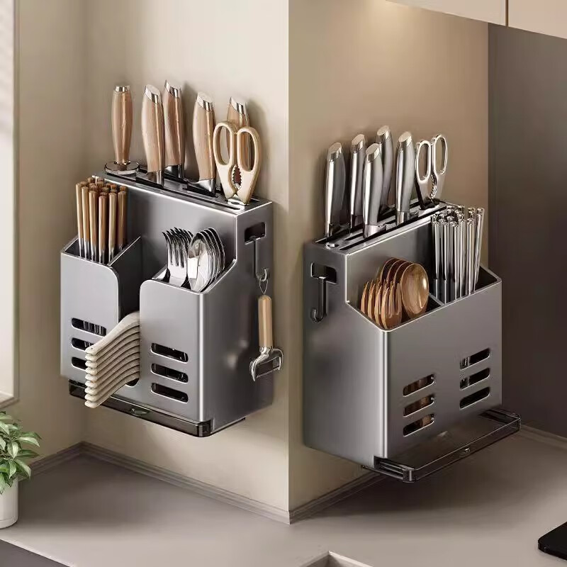 Jibaiju kitchen storage rack wall-mounted punch-free chopstick tube kitchen knife spoon chopsticks all-in-one multi-functional kitchen storage rack