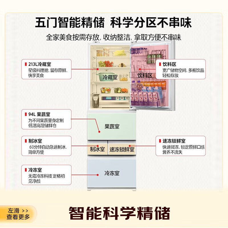 Toshiba (TOSHIBA) 429 small white peach, the same style as the Internet celebrity, Japanese-style five-door large-capacity small apartment built-in automatic ice-making air-cooled frost-free multi-door white household refrigerator GR-RM429WE-PG2B3 Fuji white glass panel