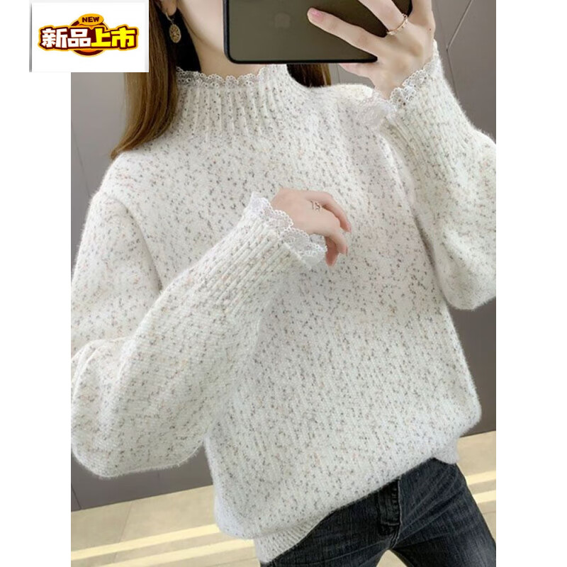 First diameter chenille lace half turtleneck sweater for women with velvet and thickening, spring and autumn warm inner and outer wear knitted bottoming sweater, blue, velvet, thickened S, recommended 85-98 pounds
