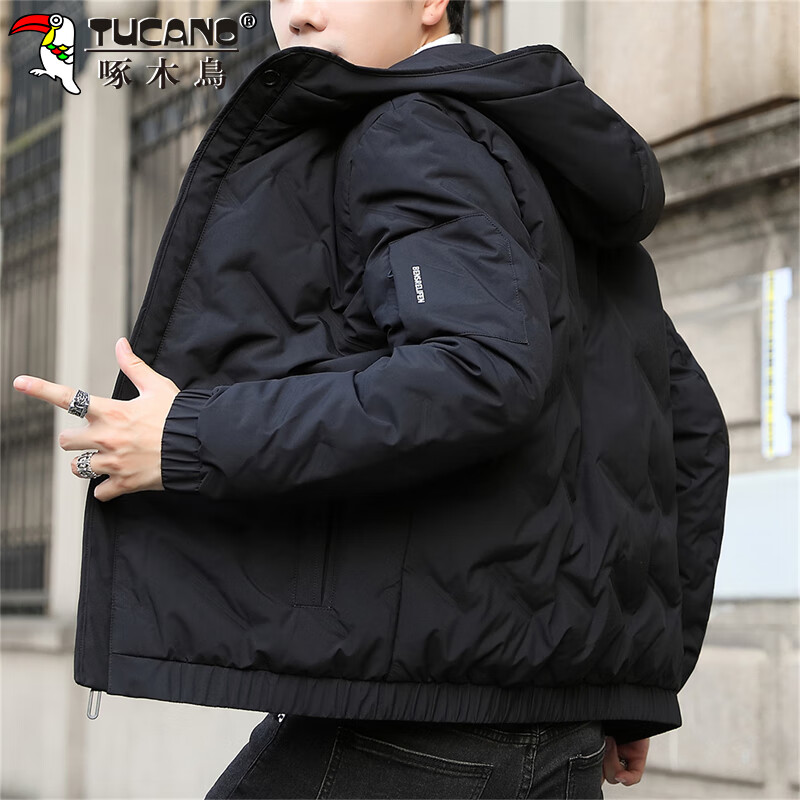 Woodpecker (TUCANO) down jacket men's winter hooded loose trendy short cold-proof warm casual jacket black XL
