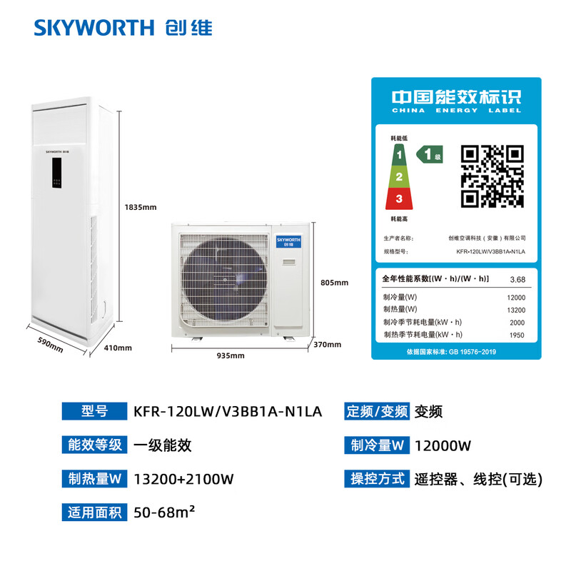 Skyworth 5 HP cabinet air conditioner, one-level frequency conversion for heating and cooling, central air conditioner, vertical cabinet commercial, 4 meters copper tube included KFR-120LW/V3BB1A-N1LA