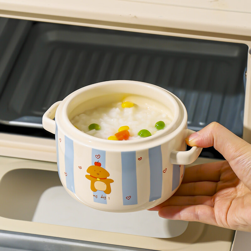 Kawashimaya stew pot, water-proof stew household ceramic pot with lid, special bowl for soup and steamed egg custard, small stew pot for one person, double ear stew pot 550ml-Apple Dog