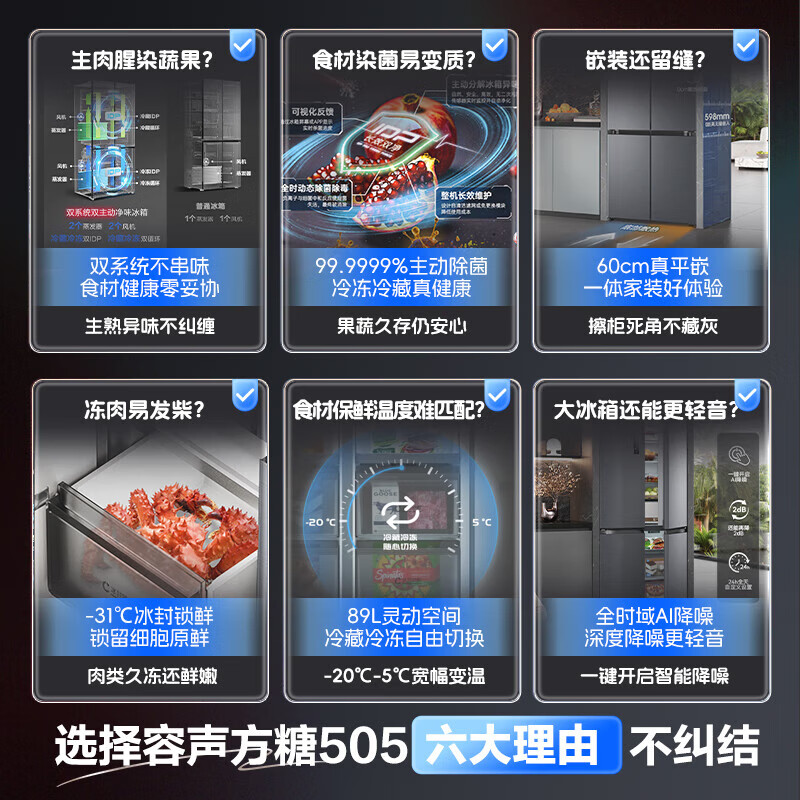 Rongsheng Tangtang 505L cross-door refrigerator dual-system cycle active sterilization ultra-thin embedded first-level energy efficiency frost-free BCD-505P60CZMAD gray national subsidy World Cup