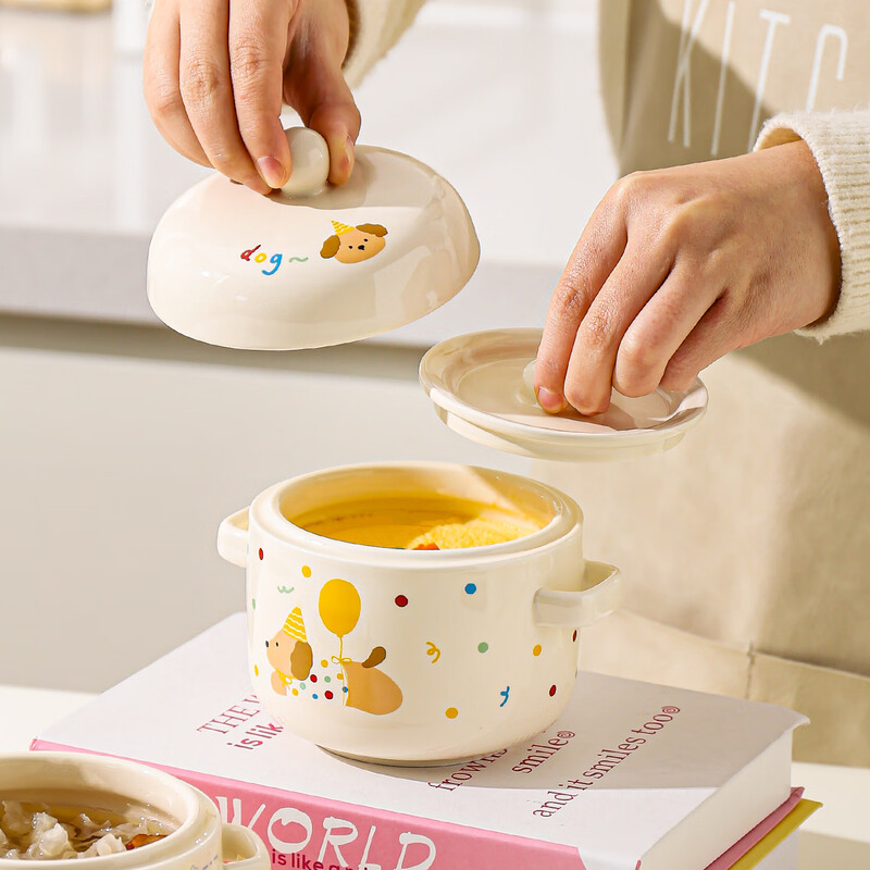 Kawashimaya stew pot, water-proof stew household ceramic pot with lid, special bowl for soup and steamed egg custard, small stew pot for one person, double ear stew pot 550ml-Apple Dog