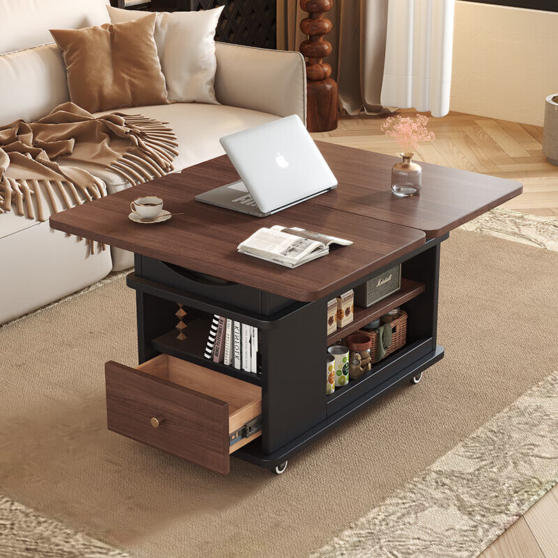 Sofa side table, movable coffee table, small living room side cabinet, multi-functional tea table, lifting and folding solid wood corner table, walnut+white, with lift 700*400*546