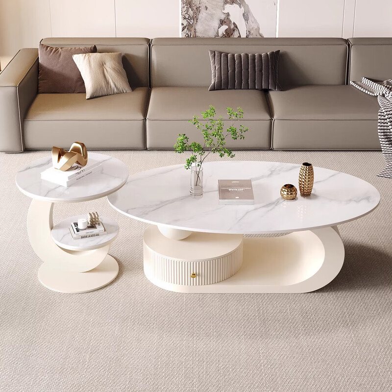 Cream style light luxury slate oval coffee table small apartment modern simple minimalist living room home high-end design black + fish belly white 120 single coffee table