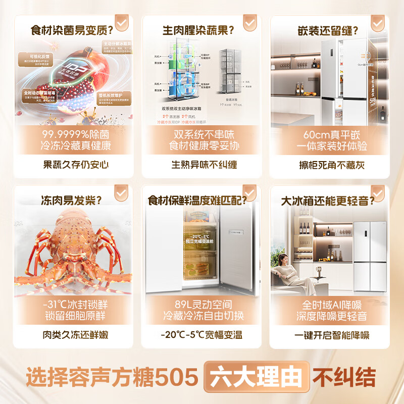 Rongsheng Cube Sugar 505L double-open four-open cross door dual-system circulation IDP active sterilization and deodorization ultra-thin zero-embedded first-class energy efficiency white refrigerator national subsidy World Cup Rongsheng Cube Sugar 505L double purification dual system white