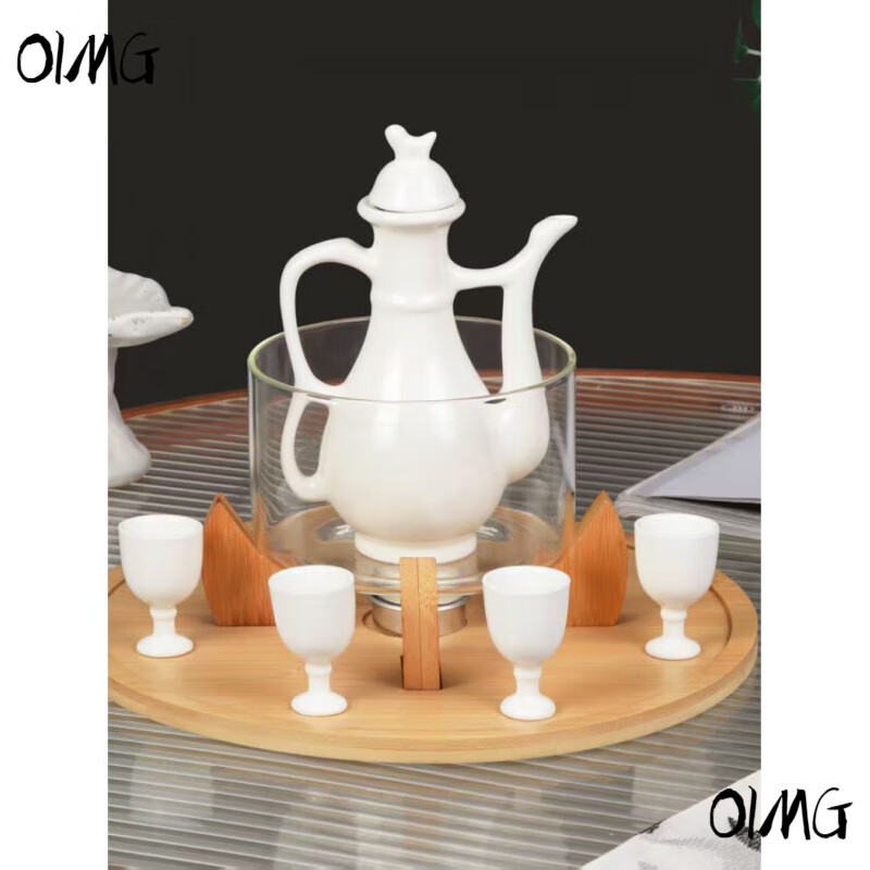 OIMG Jingdezhen wine warmer candle holder heating household ceramic wine set yellow and white wine hot pot wine divider wine pot bamboo base wine warmer set + candle iron shell (three money cup)
