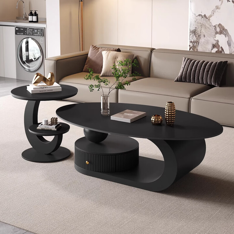 Cream style light luxury slate oval coffee table small apartment modern simple minimalist living room home high-end design black + fish belly white 120 single coffee table