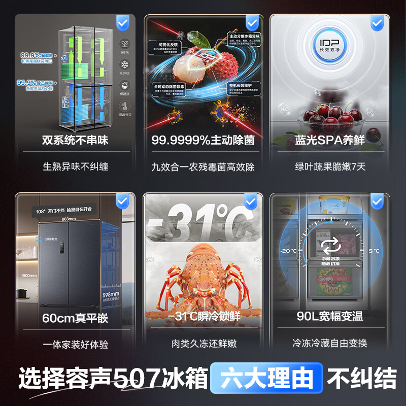 Rongsheng 507-liter IDP2.0 deodorizing dual system cross-fold four-door ultra-thin zero-embedded refrigerator household first-class energy efficiency BCD-507E50CZLAD national subsidy active sterilization | blue light freshness 60cm true zero embedded | bottom heat dissipation