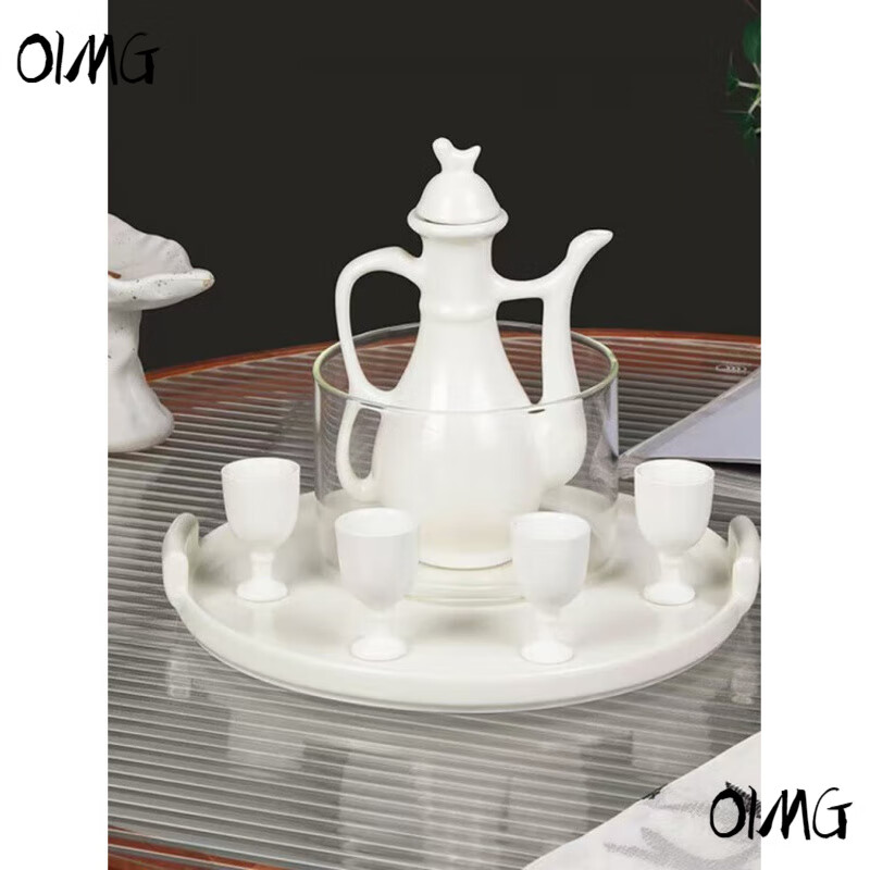 OIMG Jingdezhen wine warmer candle holder heating household ceramic wine set yellow and white wine hot pot wine divider wine pot bamboo base wine warmer set + candle iron shell (three money cup)