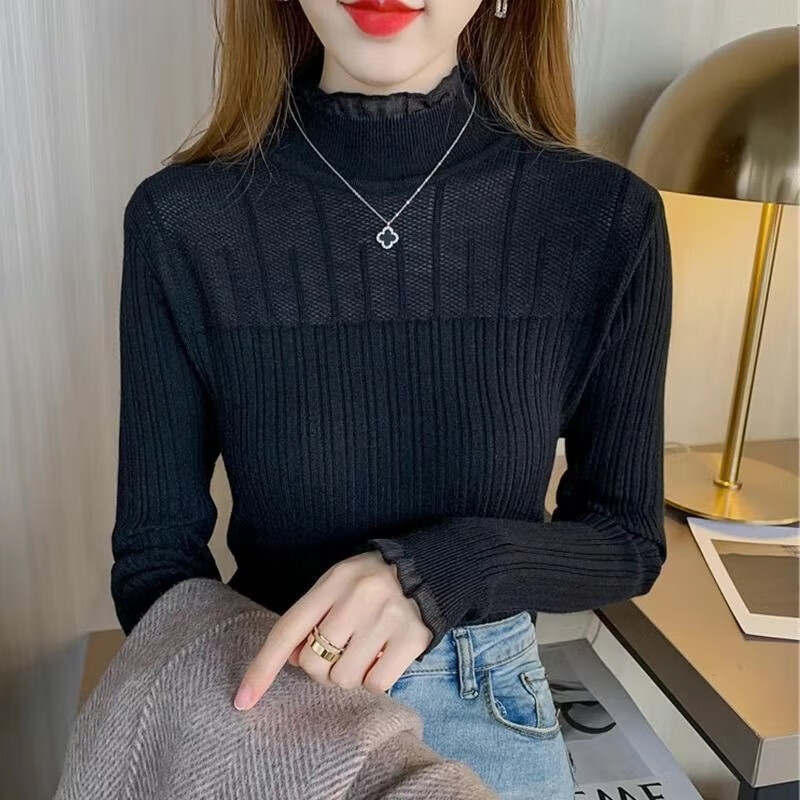 SHIYADA Lace Bottoming Shirt Women's Autumn and Winter New Half-High Collar Style Slim-fitting Character Knitted Sweater Top Black (Lace Style) L Recommended 100-110 catties
