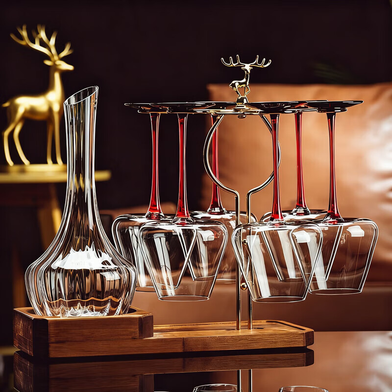 DELISOGA light luxury high-end red wine glass set household crystal glass goblet rotating decanter wine glass Flamingo-6 pieces 720ML+elk rack+pumpkin decanter
