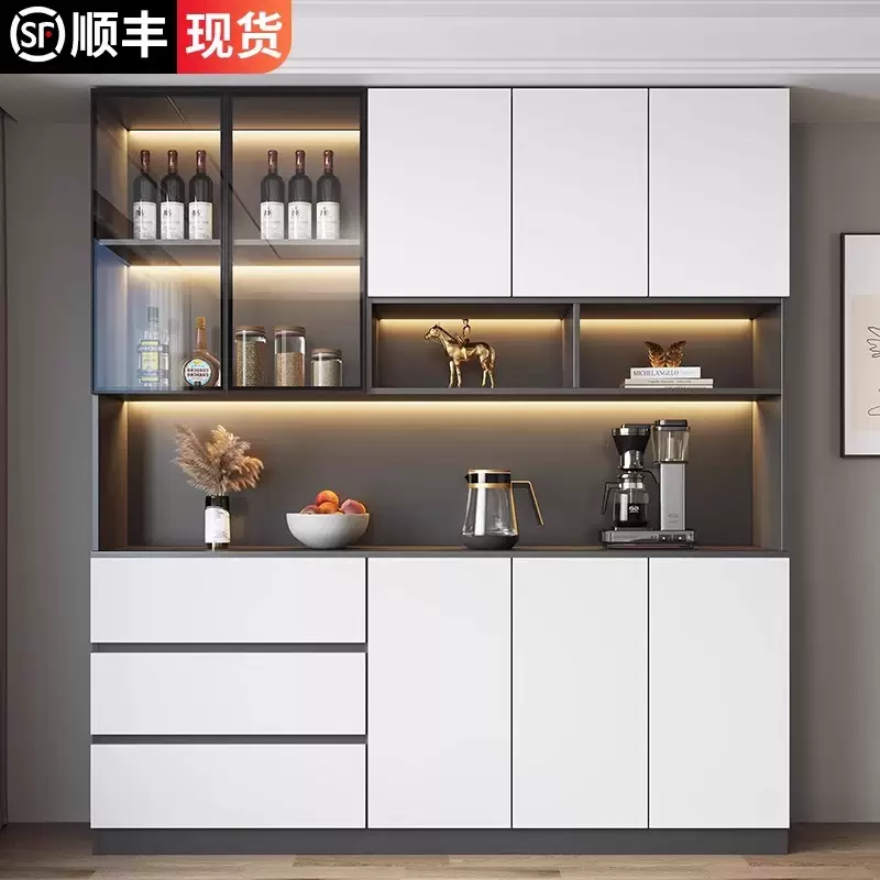 Yusenyi solid wood sideboard glass door high cabinet integrated wall modern simple tea cabinet living room dining room wine cabinet storage cabinet style 18280x32x220 milk coffee color (free installation)