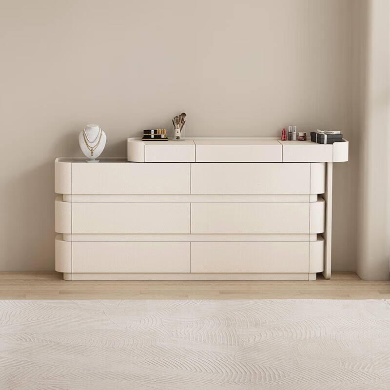 He Guan solid wood retractable bedroom desk and dresser integrated L-shaped cream style French bedside cabinet flip-top makeup mirror with light cabinet light strip-1.2 meter cabinet-ENF all solid wood