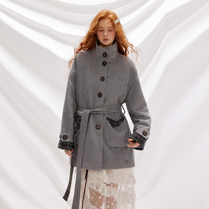 UNIFREE Korean autumn and winter woolen coat heavy loose plaid splicing fashionable woolen coat gray M