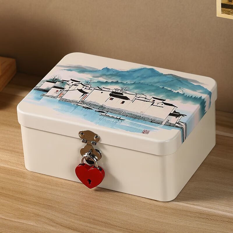Meikejie lockable small box anti-theft safe small student version adult piggy bank large capacity mobile phone desktop storage box silver iron box-medium lock